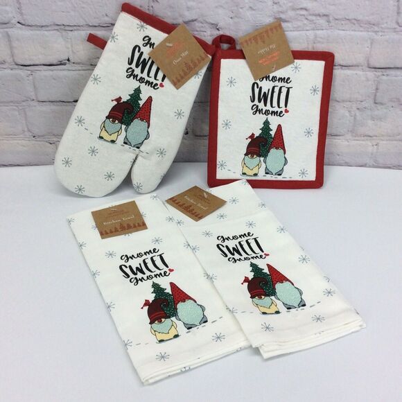 4 Pc Kitchen Set “Gnome Sweet Gnome” Christmas 2 Towels/1 Oven Mitt/1 Pot Holder - Picture 8 of 8